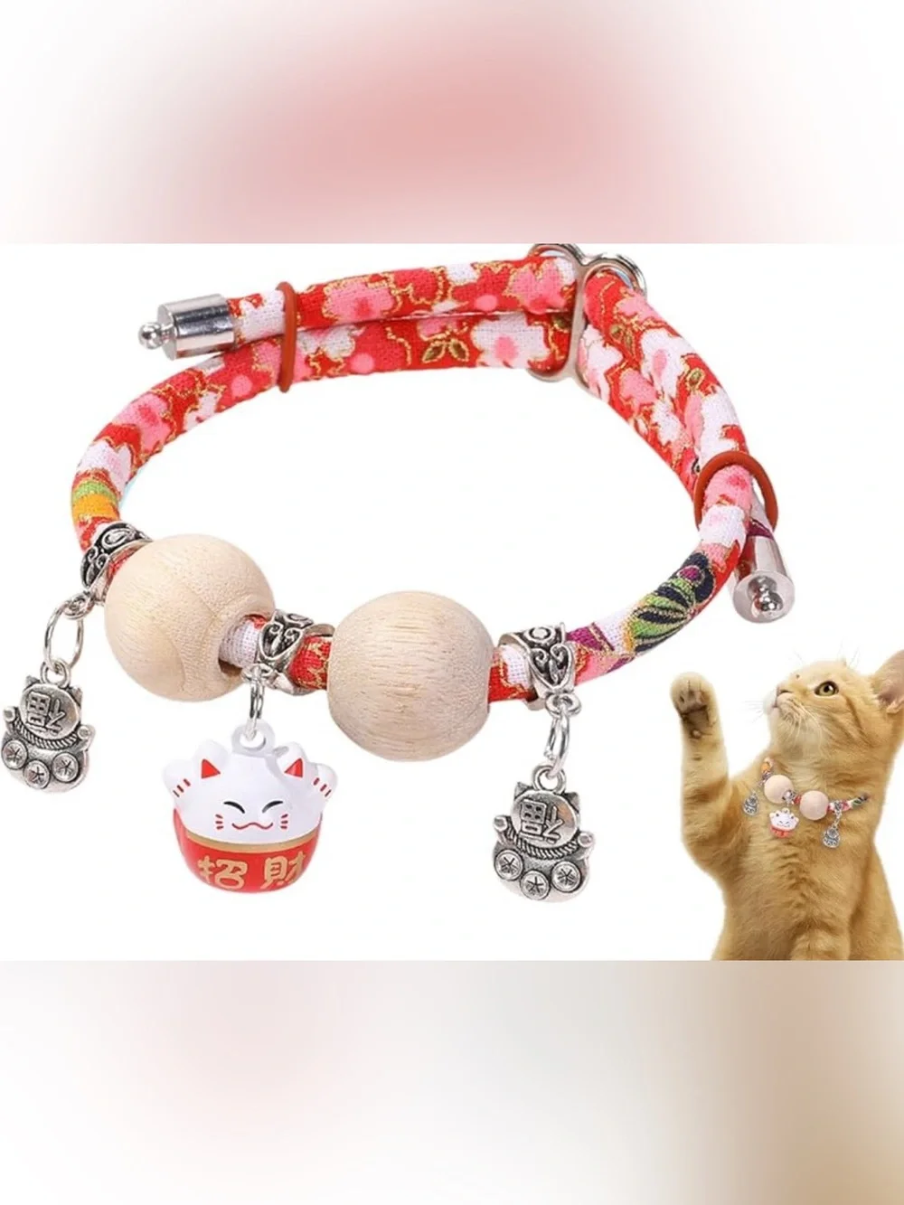 Cat Collar with Lucky Charm - Red Floral